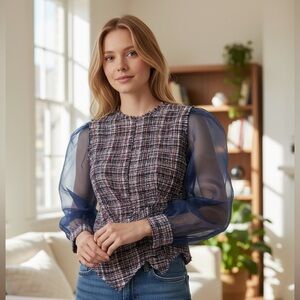 NWOT Zara ORGANZA AND TWEED Plaid TOP Blouse